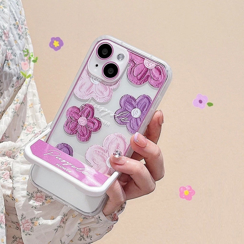 3D Cute Creative Purple Flower Cartoon Oil Painting Floral Decor Wave Curly Edge Invisible Stand Holder Case